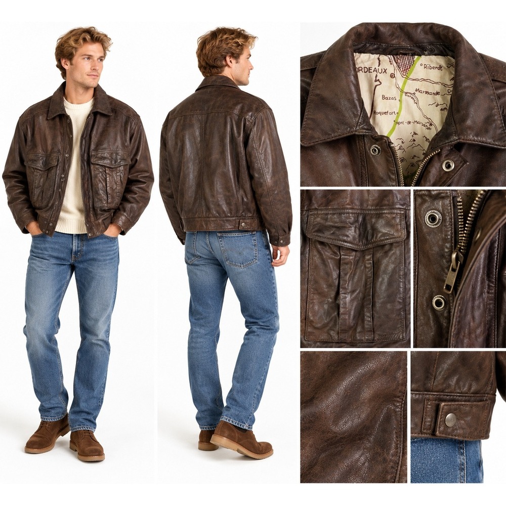 Vintage Mirage Leather Jacket Mens L Bomber Map Lined Distressed Aviator 90s